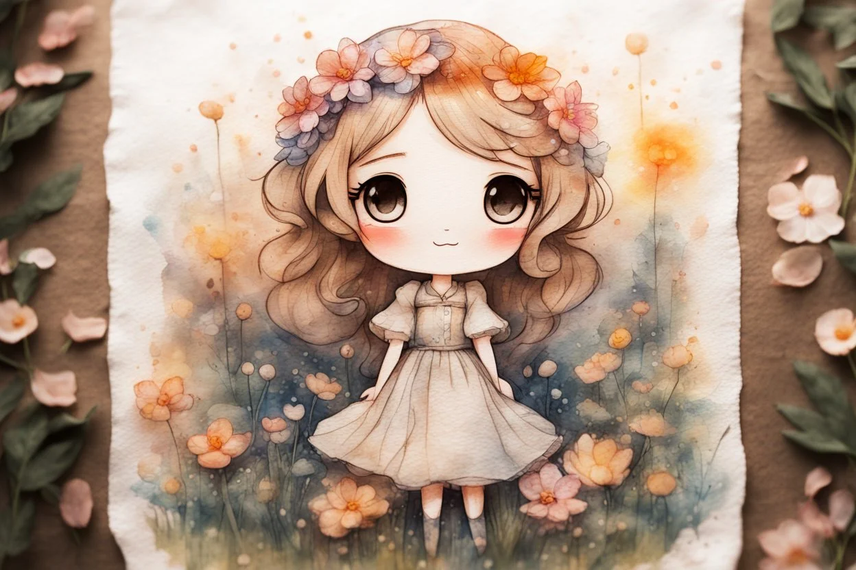 double exposure, merged layers, painted and burned burlap, cute chibi happy anime flower princess in a flowergarden, melting watercolor and black ink outlines on wet paper, soft, shading strokes, in sunshine, ethereal, otherwordly, cinematic postprocessing, bokeh, dof