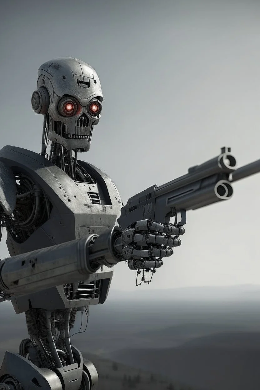 a scary robot with a gun searching for humans looking right from far away