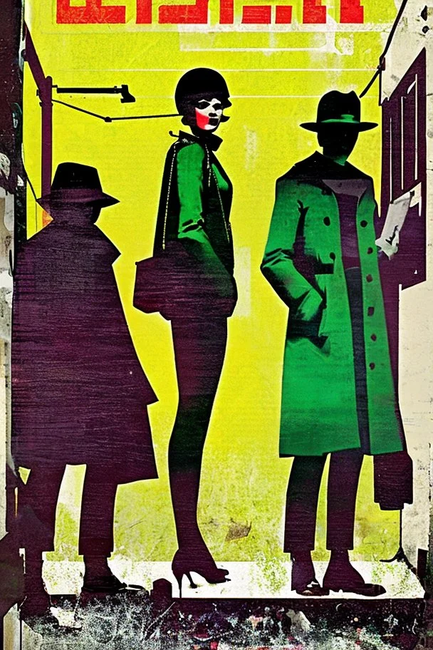 Design a detective book cover for teenagers. Three teenage detectives in the centre, one boy on her left, the girl in the centre and one on her right are on the town street. Black cat. Banksy style, pop art style, mysterious atmosphere,