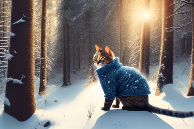 Cat in Wellensteyn coat, winter forest, pine trees, snowing, in sunshine