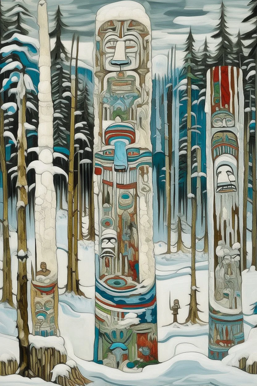 A white jungle with a toxic river in a snowstorm designed in pacific Northwest totem poles painted by Edvard Munch