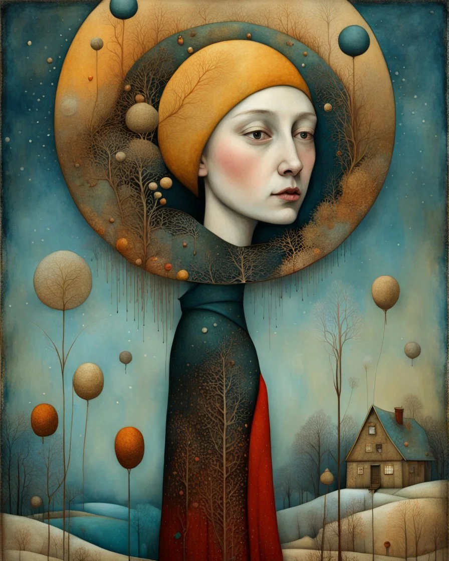 Richly textured Hieronymus Bosch, Catrin Welz-Stein, William Turner, Zdzisław Beksiński, Jacek Yerka oil on canvas zentangle line art style mix, surreal frosted fantasyland winter oceanscape, hoarfrost on trees, high grasses, snow and cottages, withered flowers, pale sunrise; paint splatter, beautiful vibrant colors, reflections, SK, flying seagulls, dramatic clouds, snowfall.