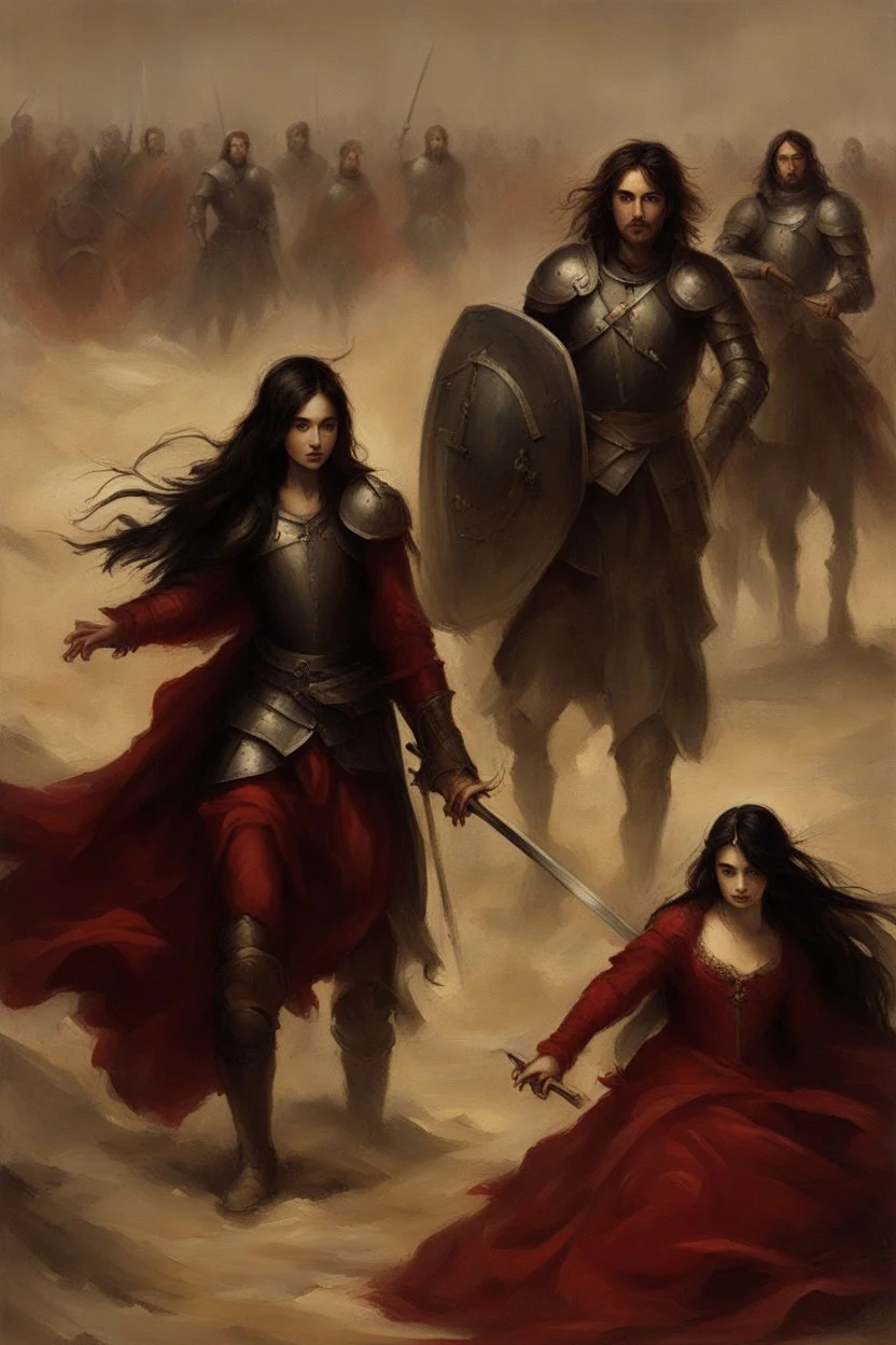 Oil painting Knights and princess wearing a dark red dress and long black hair Very in a battlefield