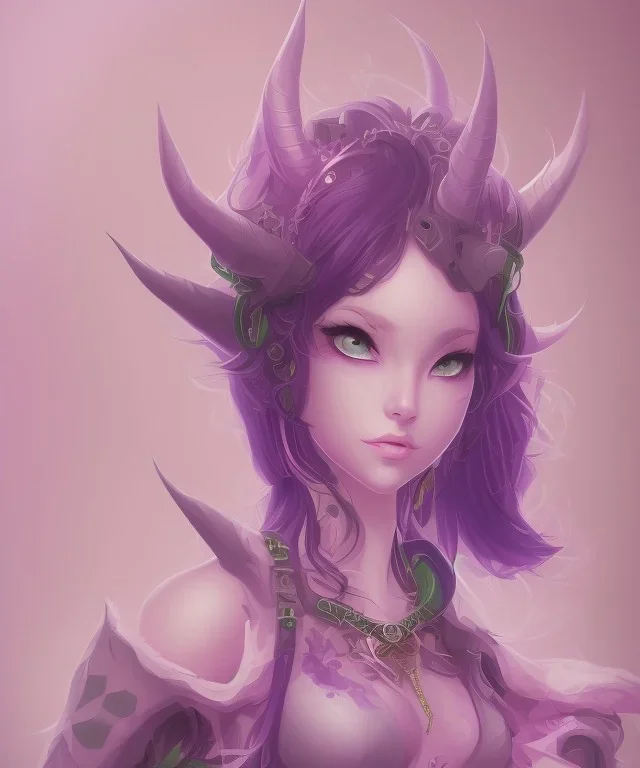 cute purple haired devil girl with bright green eyes and 2 black horns on her head wearing a purple/pink dress