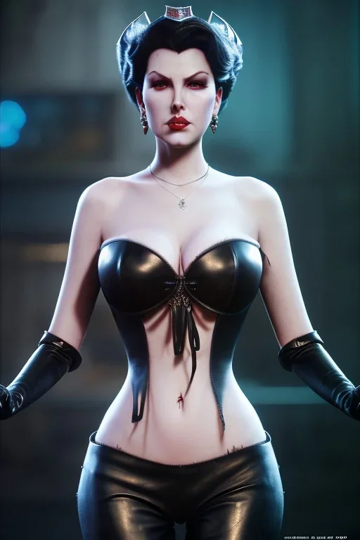 Lana Turner as evil queen in black leather, leather, busty, cleavage, angry, stern look. character design by cory loftis, fenghua zhong, ryohei hase, ismail inceoglu and ruan jia. unreal engine 5, artistic lighting, highly detailed, photorealistic, fantasy