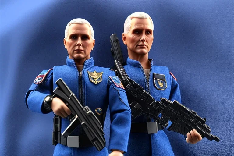 Plastic Mike Pence as G.I. Joe toy Doll figure With a pistol space force Commander Blue fabric uniform, black Moonboot in a clear package