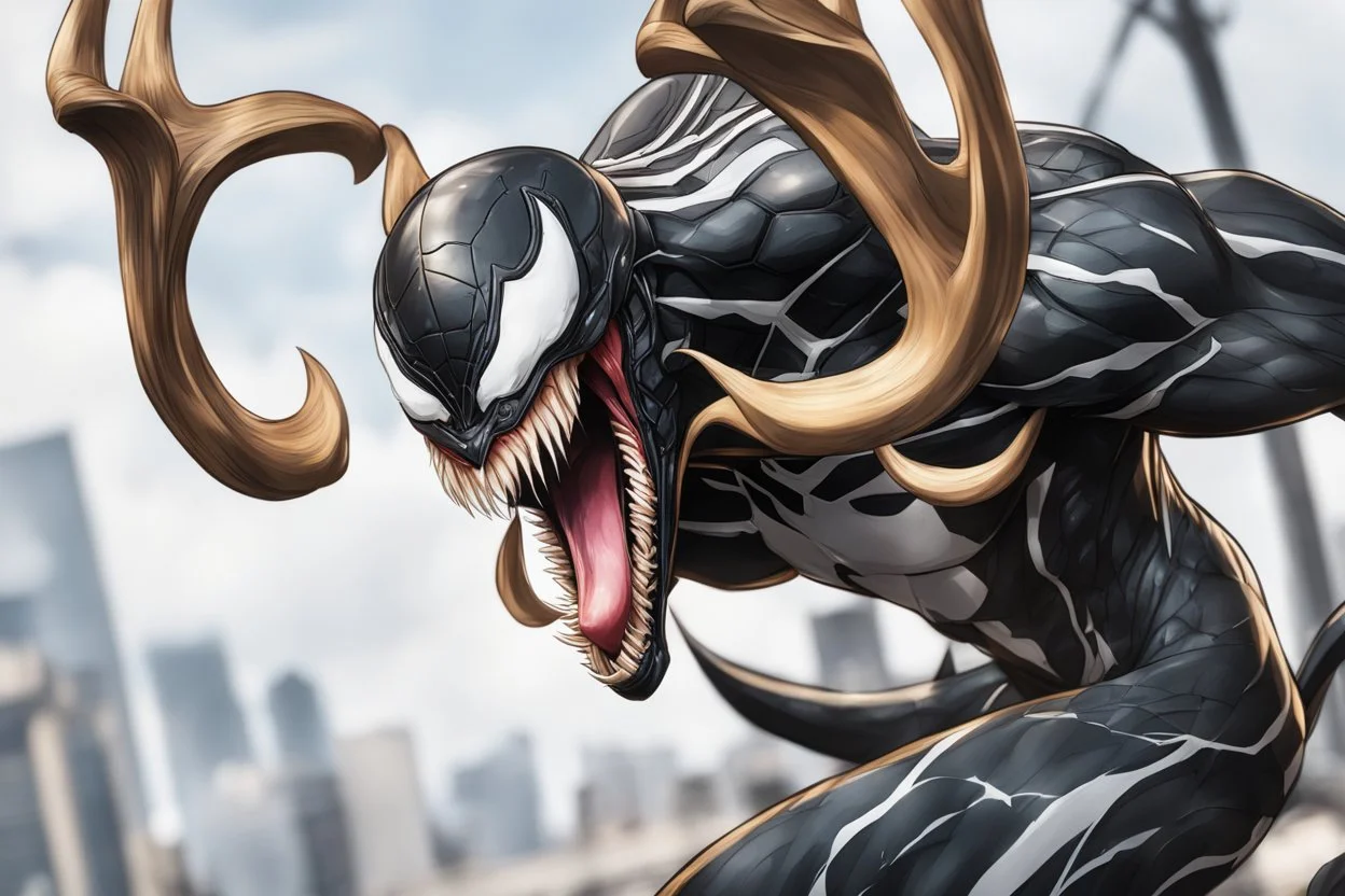 venom in 8k realistic anime e drawing style, close picture, Deer them, intricate details, highly detailed, high details, detailed portrait, masterpiece,ultra detailed, ultra quality