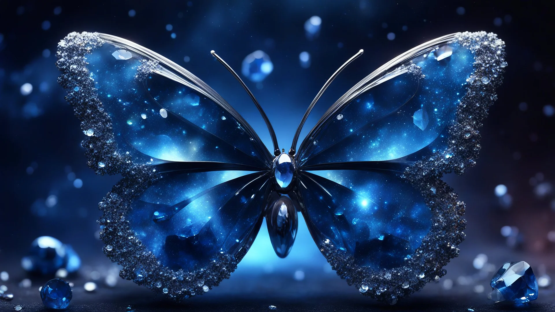 crystal butterfly made of gems made of different shades of blue, dark blue nebula galaxy in background, amibent mood,16k resolution photorealistic, masterpiece, hight contrast, depth of field, breathtaking intricate details, realistic and lifelike cgi, dramatic natural lighting, reflective catchlights, high quality CGI VFX fine art