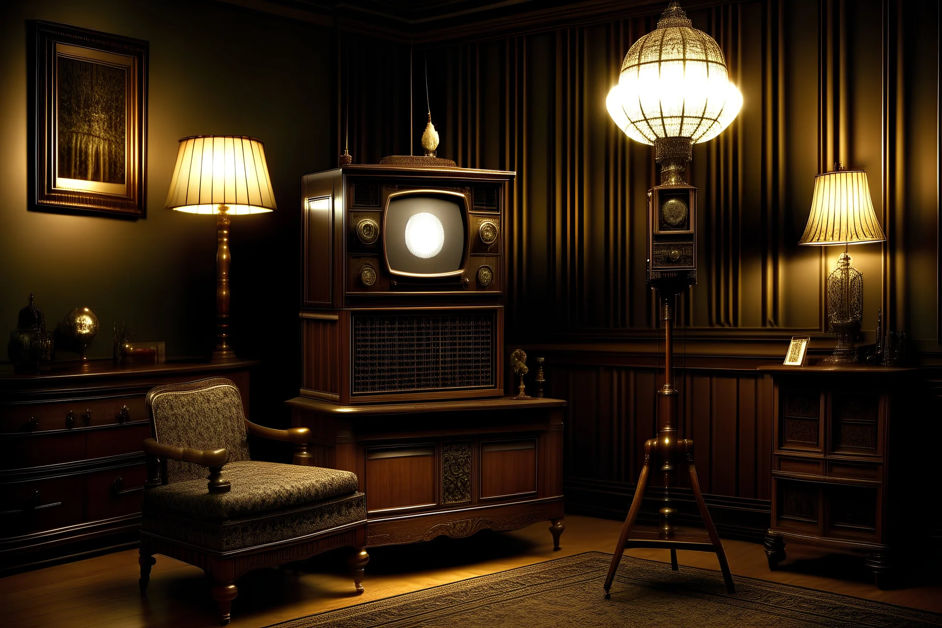 flickering 6'x8' vintage television set in ornate wooden cabinet. gleaming 4 foot tall Edison light bulb with tripod. vintage old fashioned two piece telephone circa 1880 8 feet tall. average midcentury American living room depicted as architectural scale model