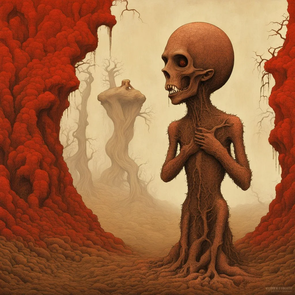 odd curios and curiosities conceived in a nightmare ritual, styled by Zdzislaw Beksinski and Roland Topor, asymmetrical scary surrealism, red and brown mossy background, eerie, magical effects, trending on Artstation, 8k, wonderfully morbid, matte oil painting, by Magritte