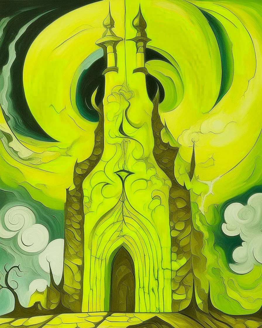 A banana yellow colored heavenly realm with a lightning temple painted by Pablo Picasso