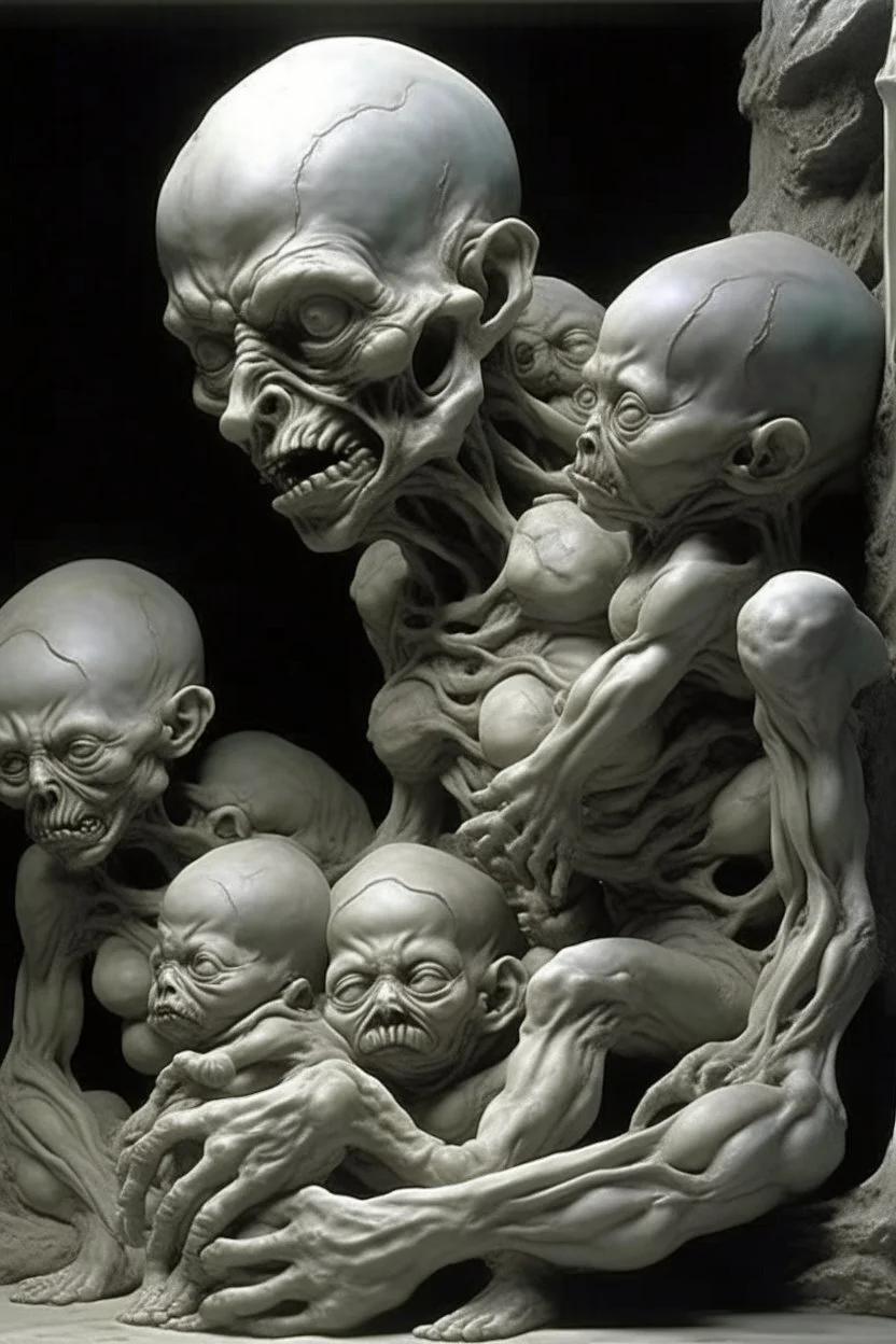 sculpture of a baby with multiple faces and limbs. decayed and rotting with grotesque proportions and imagery. abstract grotesqueries, detailed texture, surreal horror, biomechanical design, by hr giger and beksinski