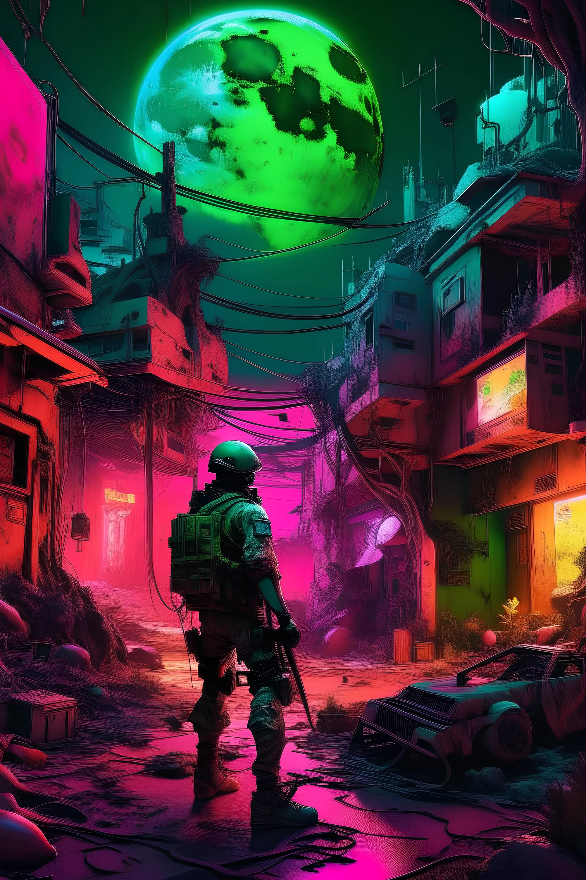 A Dadaist collage of a post-apocalyptic world in neon tones and volumetric lighting.