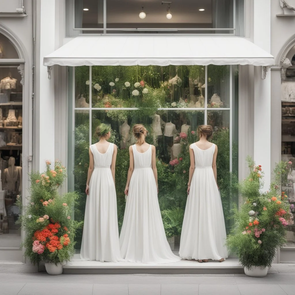 A fashion store in delicate white with green decorations, a large window pane with dresses in all bright colors. In front of the store on each side there is a large plant with bright, colorful flowers!No People