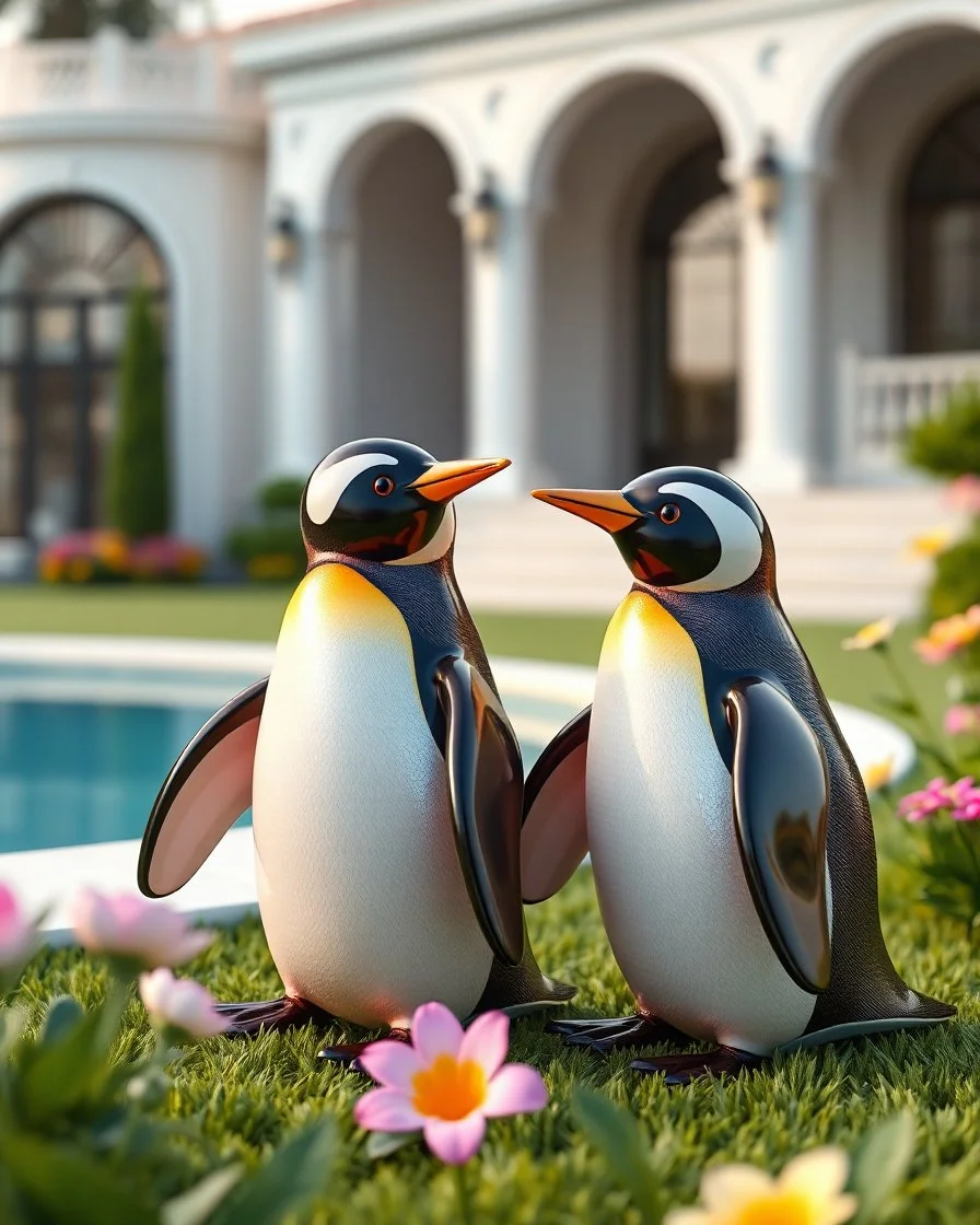 Generate image: Generate image: Generate image: A macro 3D render of a cute, lovely Penguins,made of Transparent, colored jely. is landing in yard of a luxury villa next to flowers ,subsurface scattering and gelatinous texture . High-quality CGI, octane render, 8k resolution, whimsical, adorable, clean composition. long shot ,4:3