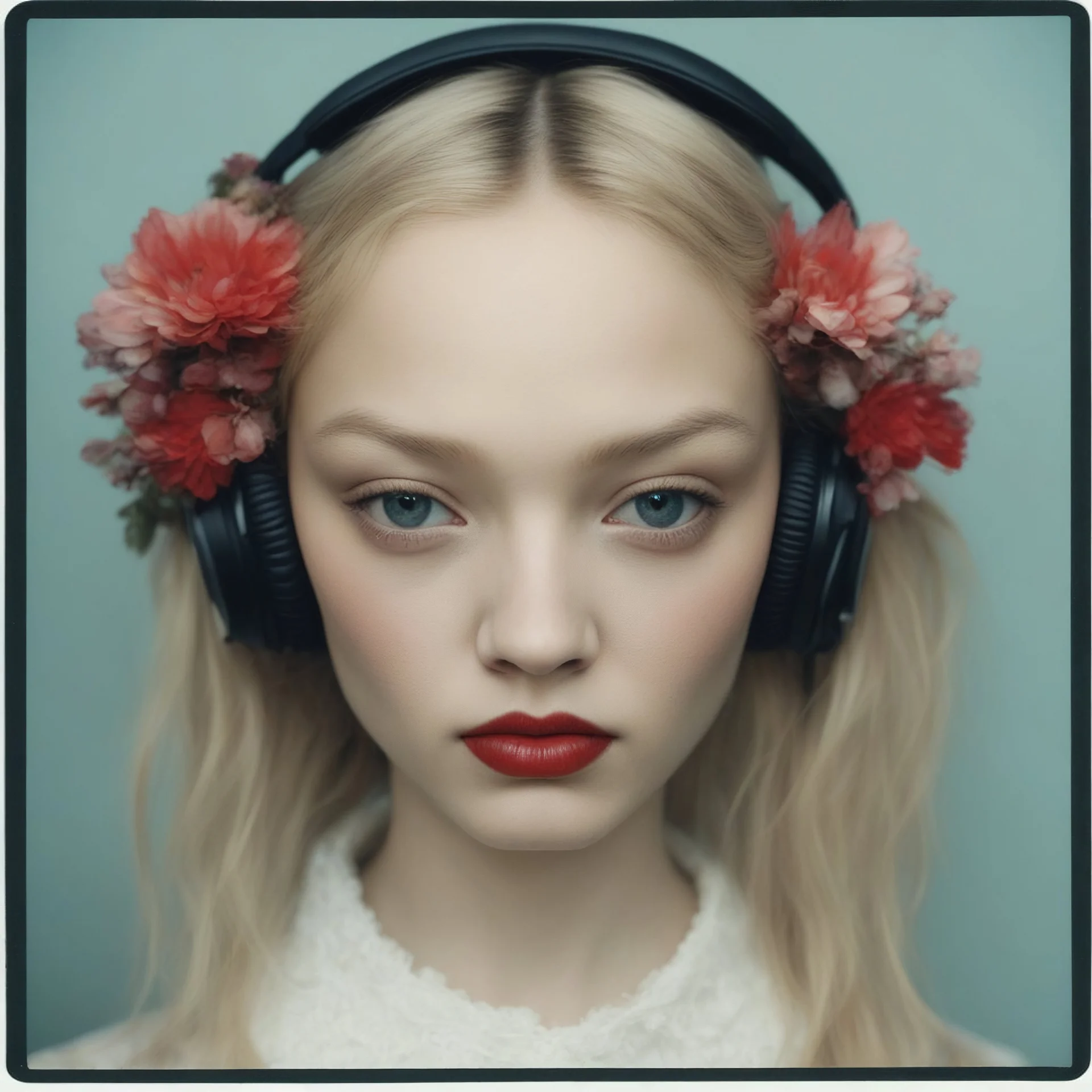 Polaroid head shot of doll faced gemma ward,, pouty lips, red nose, hair adorned with strange flowers, red cheeks and nose, headphone