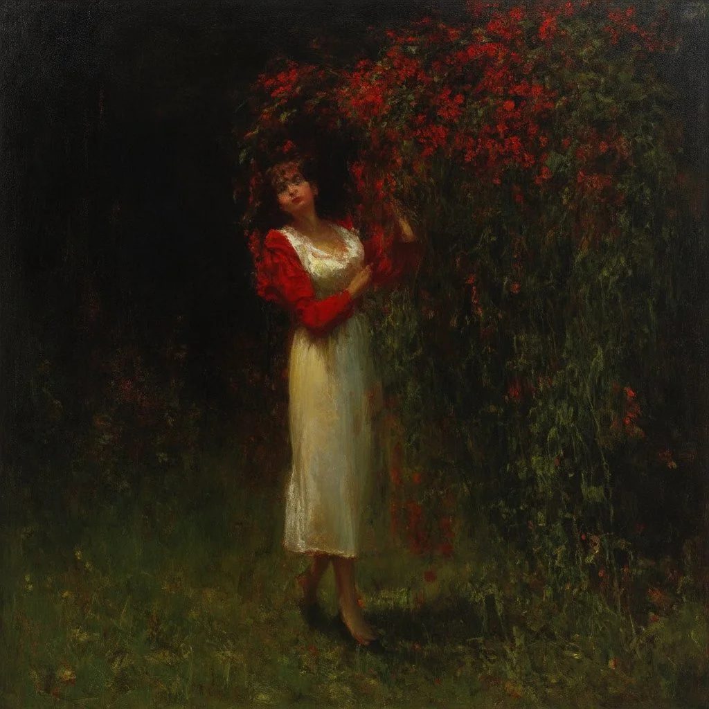Night, one woman taking red flowers, vegetations, forest, doom, creepy, gloomy, gothic dark influence, charles leickert paintings, and konstantin korovin paintings