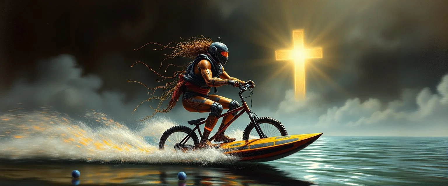 master oil painting by Rembrandt, viggo sandvik as insane eel wild ginger robot on surfboard boat trike , goa trance glitch poster, background motion blur, volume fog with light rays, jesus clouds