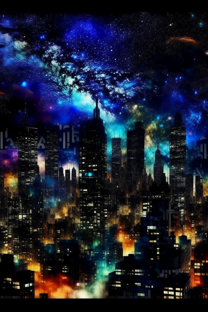 New York City buildings at night in Abstract Fluid, Galaxy nebula