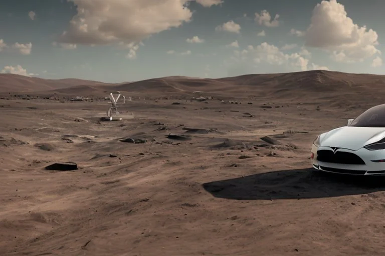 A Tesla 'Model Y' is drifting at high speeds, at the lunar landing site of the 'Apollo 11'. (CINEMATIC, WIDE ANGLE LENS, PHOTO REAL)