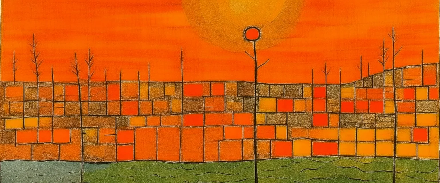 An orange colored giant lake painted by Paul Klee