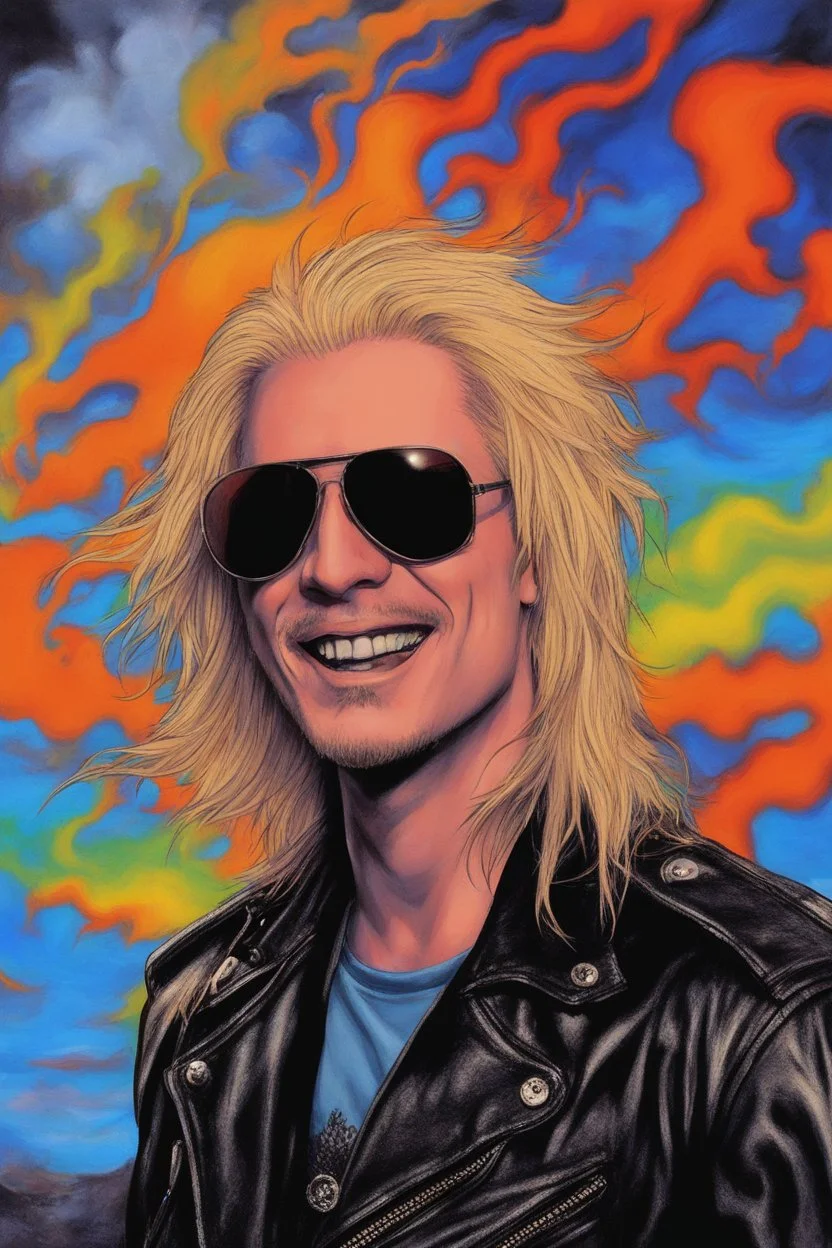 head and shoulders image, Orange man - Kiss Me Deadly - Reptilian-skinned - Ray-Ban sunglasses - Motley Crue - gothic pale-skinned vampire, fire and multicolored electrified cosmic clouds, Professional quality Photograph by Hoy Tung lu- Multicolored lightning -a smiling, long, blonde hair, blue eyes, goth makeup, black leather biker's jacket, black leather pants, combat boots, black fingerless gloves, sitting on in the forest next to a fire,