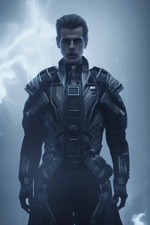 All Black Hayden Christensen soldier, ghost, wearing high tech mask, white smoke, dark, rage, sorrow, high definition, ultra 8 k, volumetric lighting, blue fire, fog