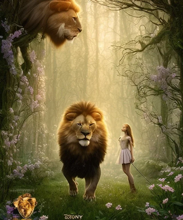 Young beautiful girl a wearing floral crown and standing next to a stunning lion on nature forest path, Chronicles of Narnia, movie poster, 8k resolution, high-quality, fine-detail, iridescent, intricate, digital art, detailed matte, volumetric lighting, beautiful, illustration, 3D octane render, brian froud, howard lyon, selina french, anna dittmann, annie stokes, lisa parker, greg rutowski,