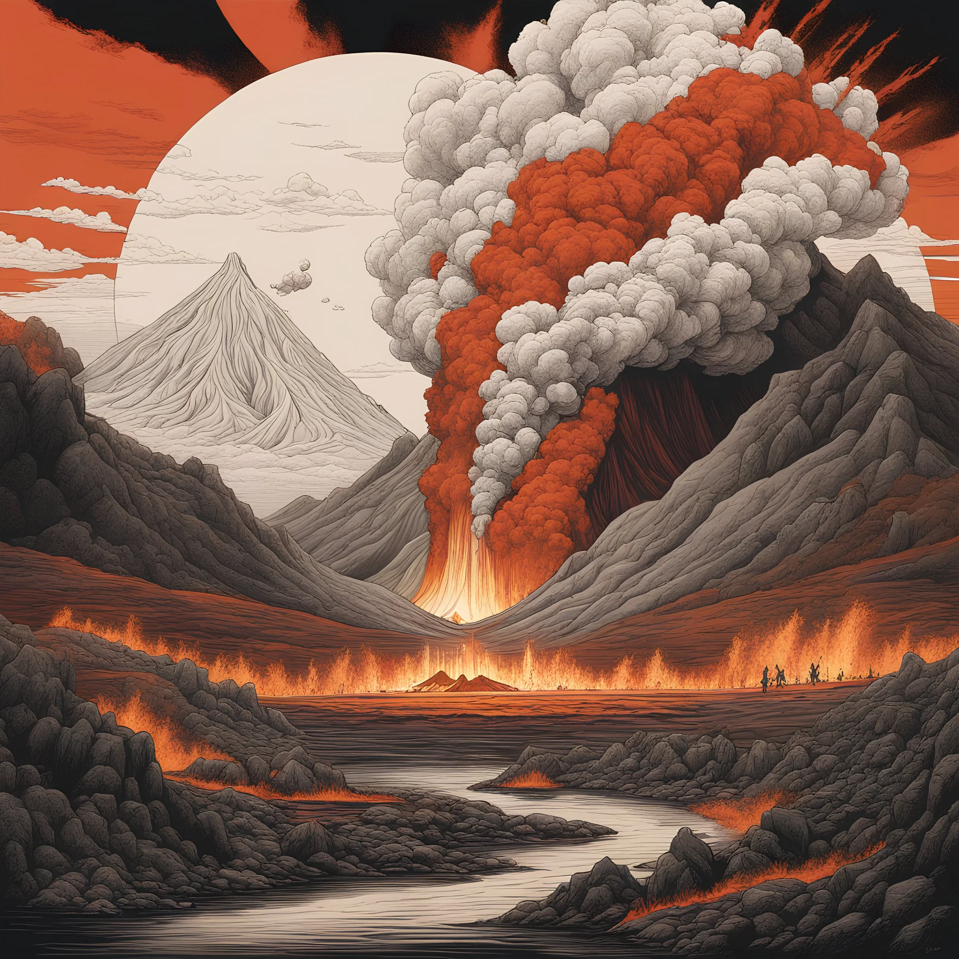 Generate a visually striking artwork that depicts volcano explodingdrawing inspiration from dark mythology and biblical references. Incorporate elements of chaos, destruction, and a foreboding atmosphere.