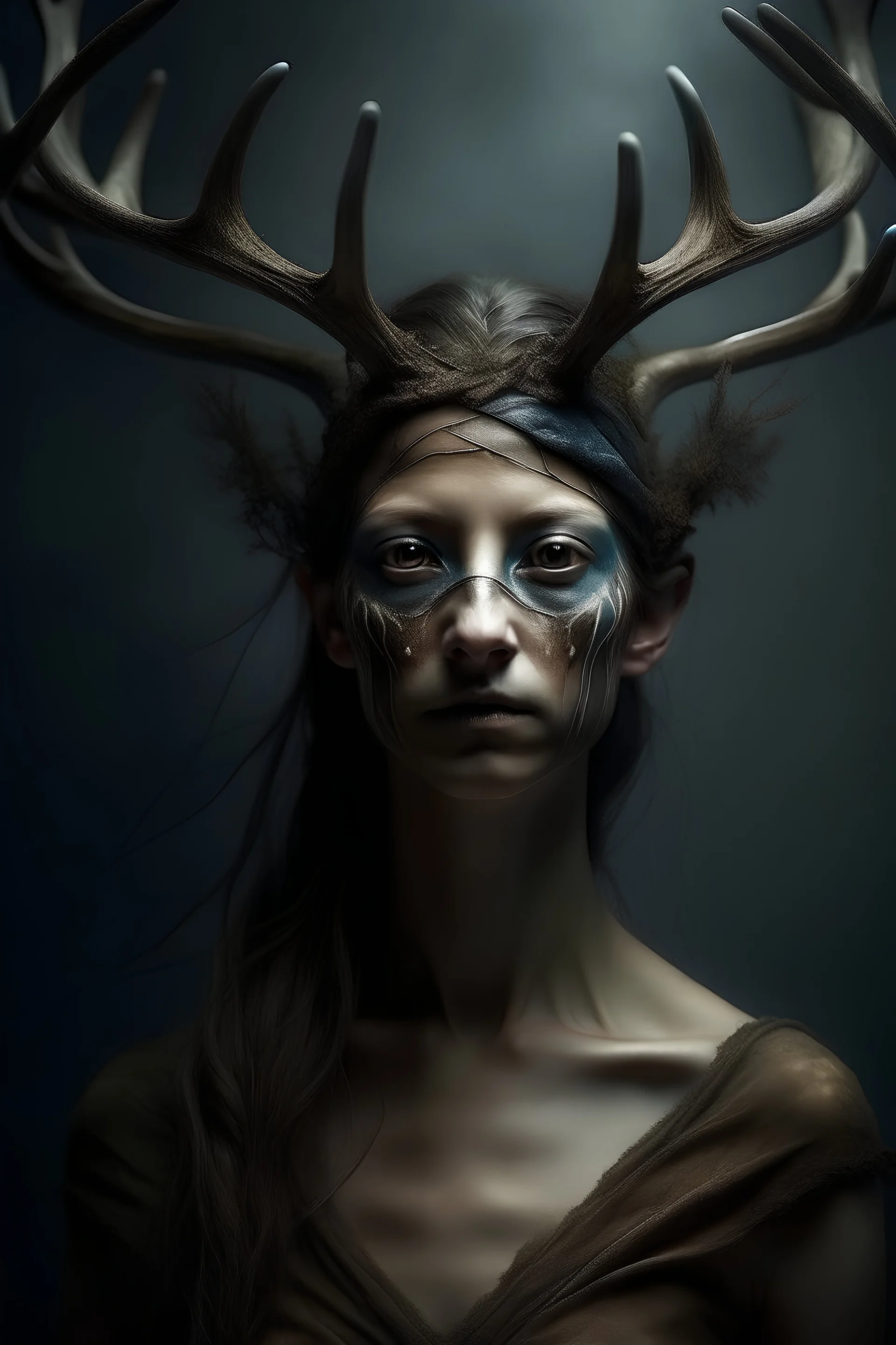 deer wendigo human woman hybrid, semi-realistic photo art