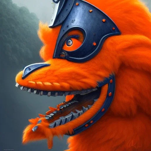 Otto the orange syracuse mascot as a fierce warrior in full navy blue and orange battle armor, a highly detailed illustration, background of Inka jungle, realistic render, 8 k, micro detail, intricate, elegant, centered, digital painting, Artstation, smooth, sharp focus, illustration, artgerm, tomasz alen kopera, peter mohrbacher, donato giancola, joseph christian leyendecker, wlop, boris vallejo