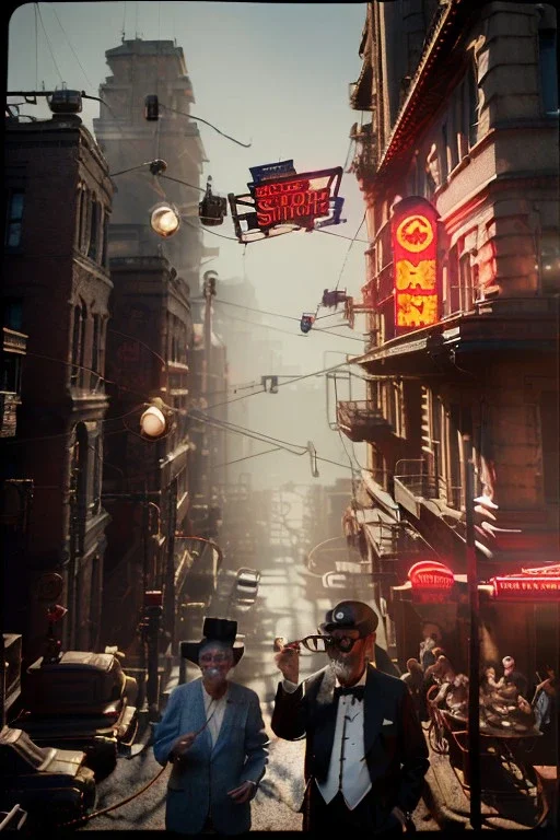 American shot view, cabaret scene, steampunk. Medium shot view, old Asian man + little monkey, Sunglasses, smoking, happy, hot. Many people background, highly detailed, concept art, unreal engine 5, god rays, ray tracing, RTX, lumen lighting, ultra detail, volumetric lighting, 3d, finely drawn, high definition, high resolution.