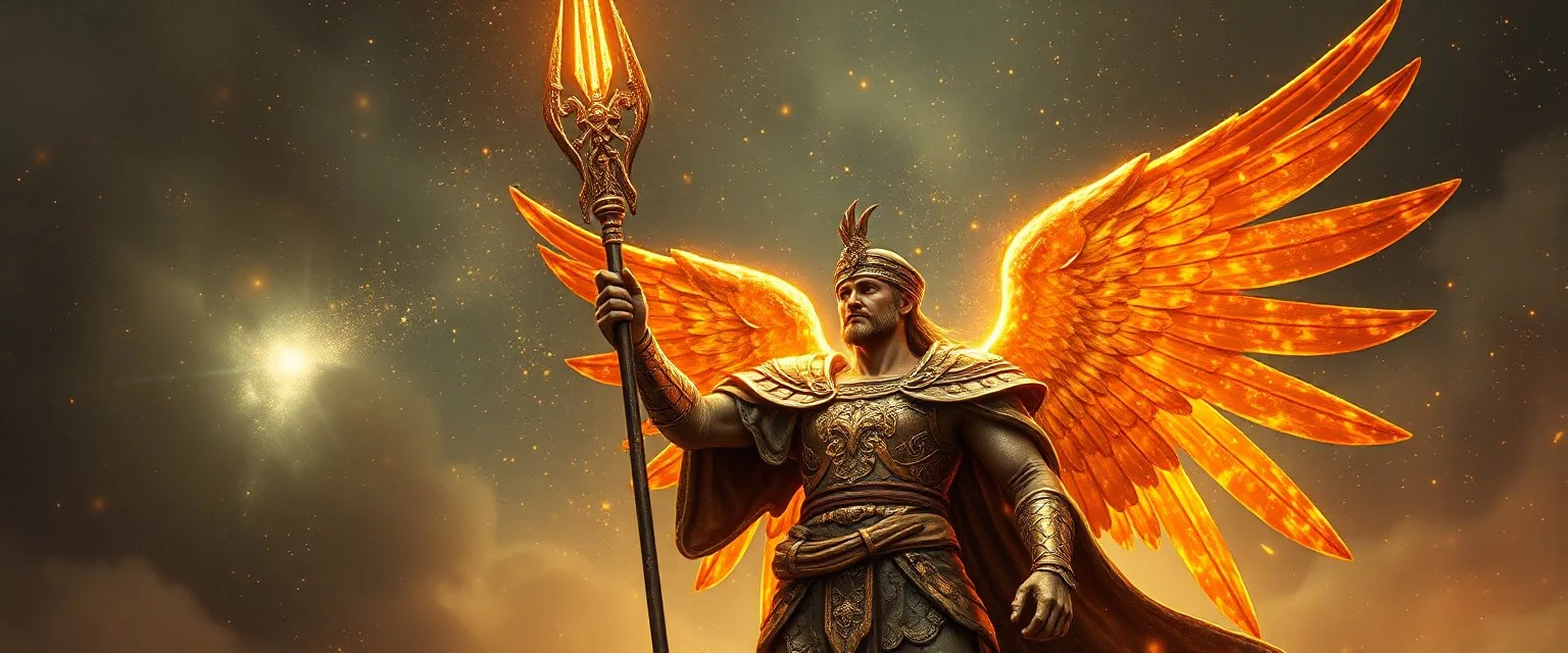 beyond ancient angel soldier holding up a radiant painite spear
