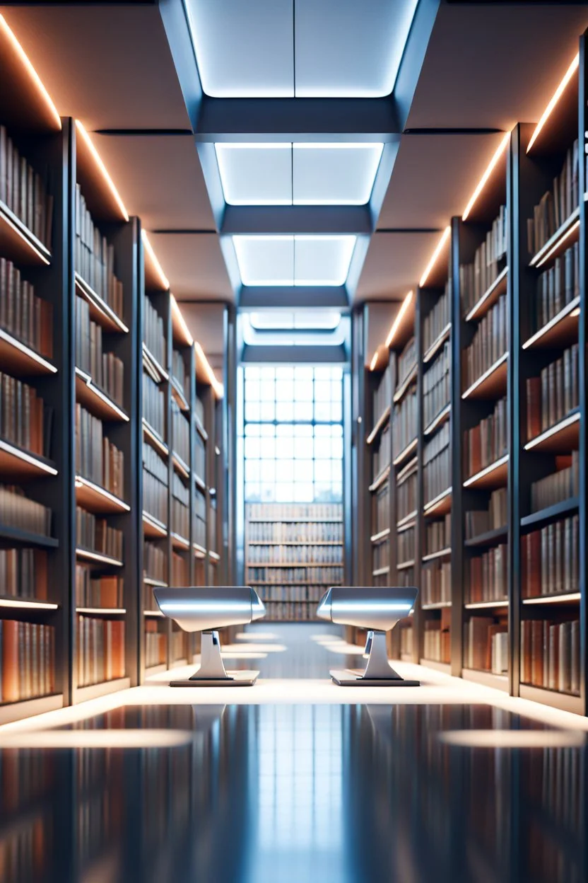 Modern library with high tech style. Robotic design of the library. High quality image in 8k.