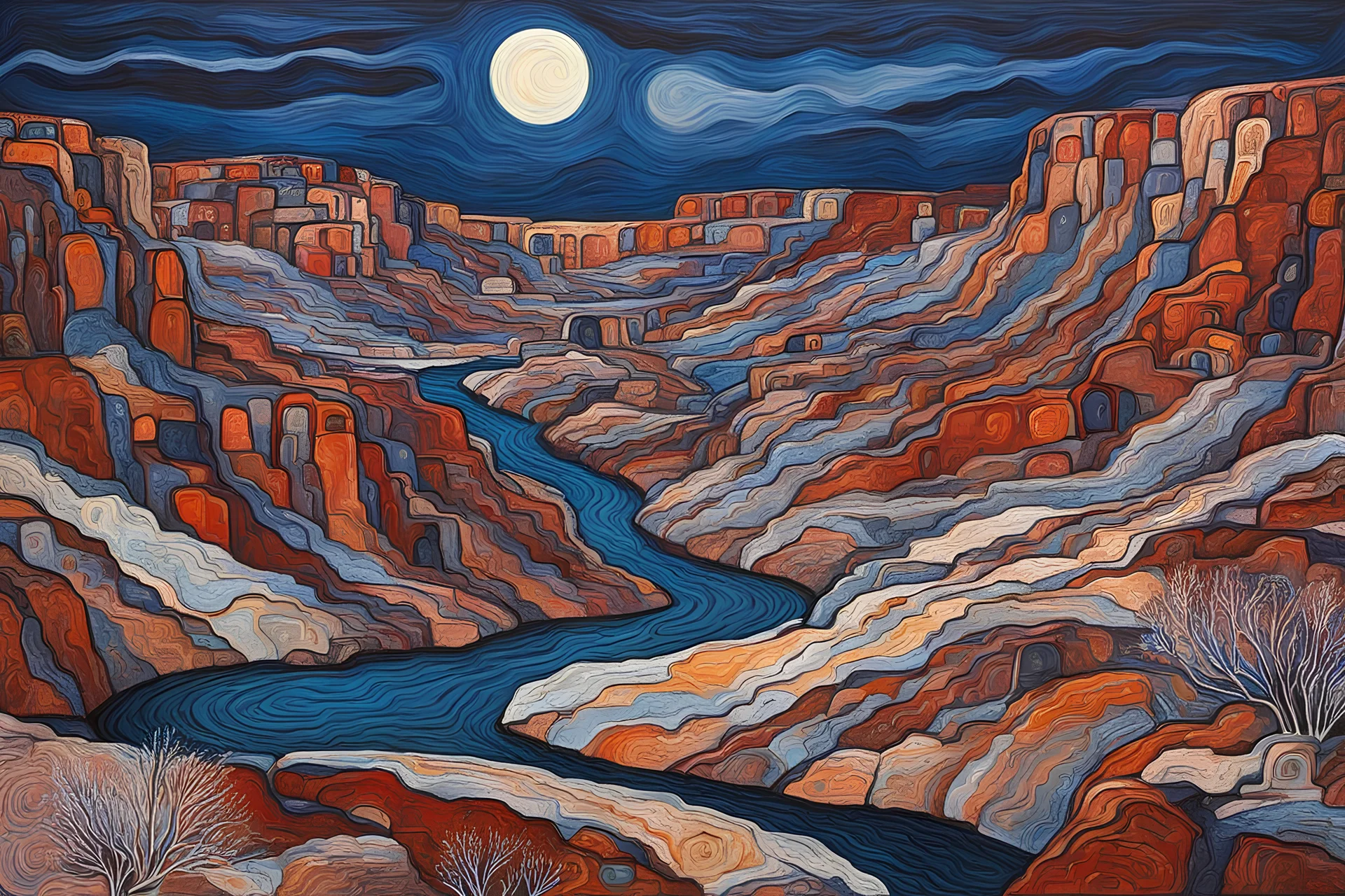 a painting dramatic Southwestern river canyon landscape under a pale winter moon, in the Art Brut style of Jean Dubuffet, rich natural colors, museum quality masterpiece