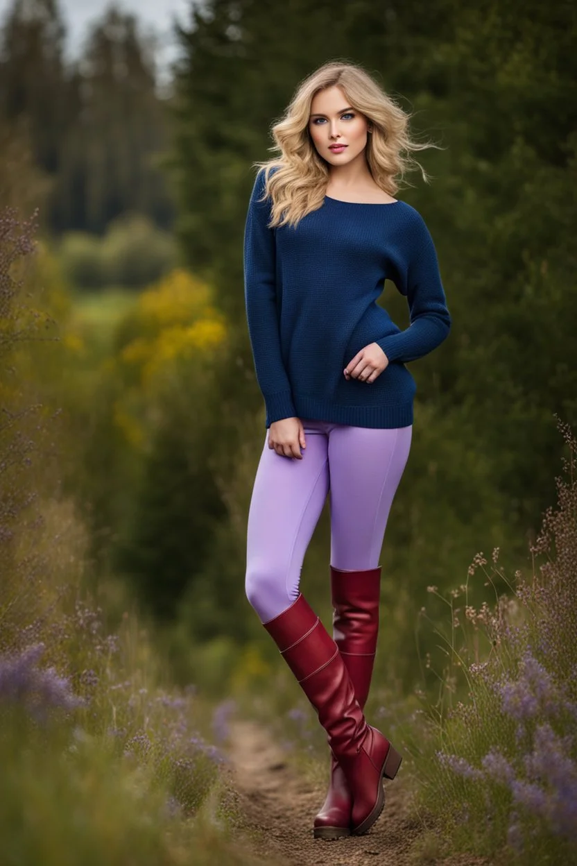 country side ,blue sky , mountains, pretty clouds ,beautiful 18 year old girl with ash blonde hair and blue eyes with her curvy hair down, wearing a long-sleeved woollen top, and lilac long leggings, with long red boots full body standing pose shot