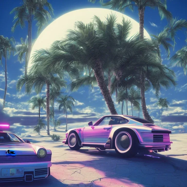 1980's aesthetic vaporwave palm trees and spheres and glowing Porsche