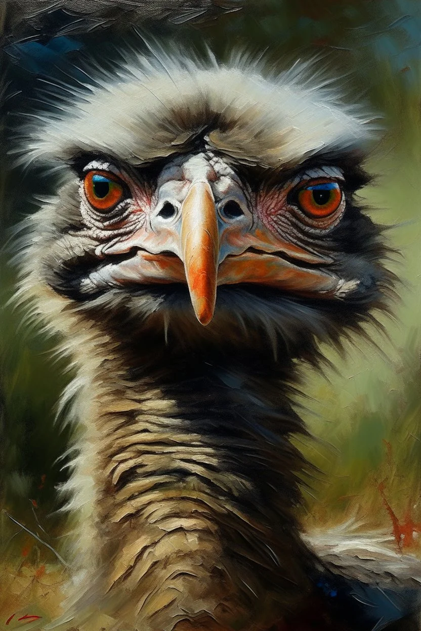 An oil painting of a very beautiful ostrich with wide eyes