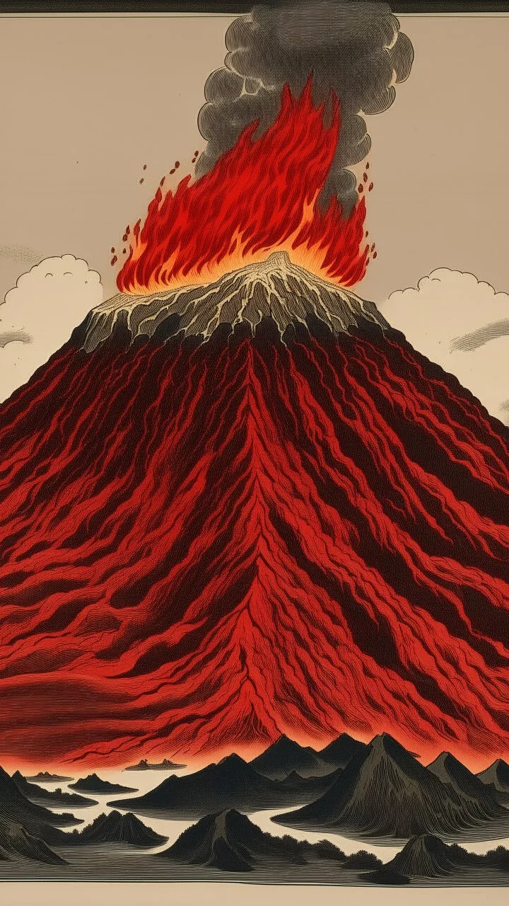 A dark red volcano made out of cinder with spewing fire painted by Katsushika Hokusai