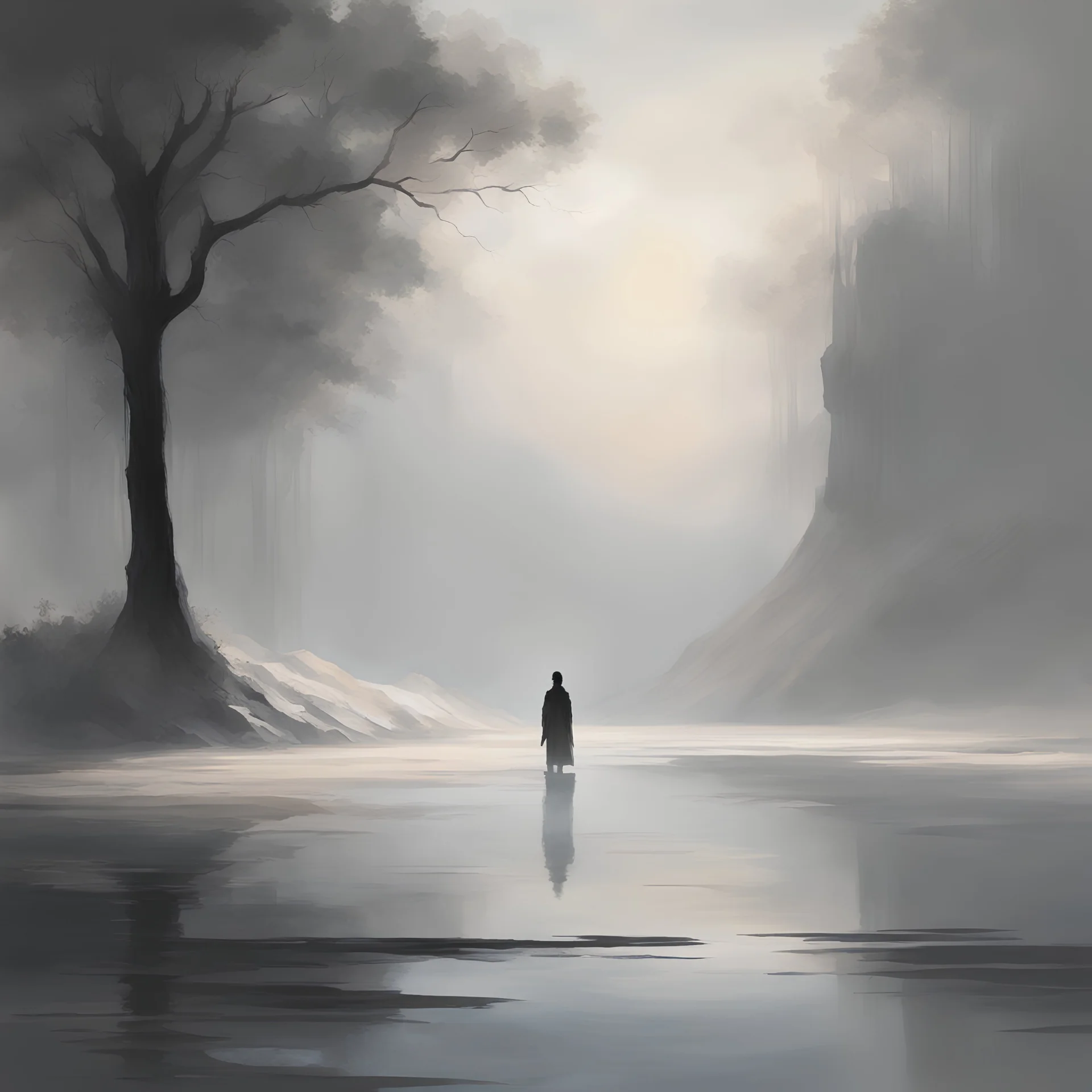 Video game art. A lone, enigmatic figure gracefully melds with muted grays and soft hues, casting shadows that whisper tales of introspection. The backdrop, a dreamscape of subtle ambiance, hints at expansive contemplative vistas. Every nuance is a brushstroke, inviting players into a realm where moments unfold in quiet beauty. No overt title disrupts this visual poetry the art itself