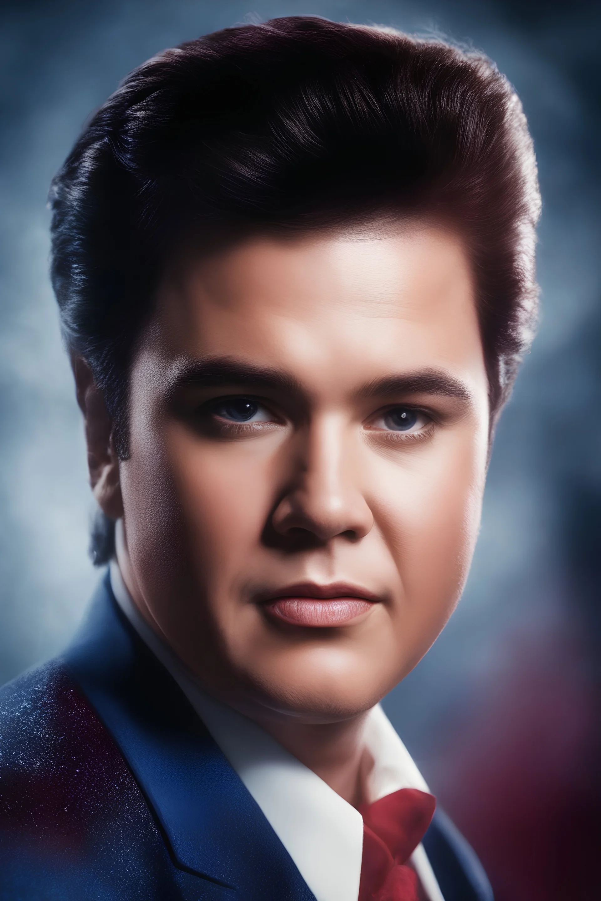 facial portrait - Elvis Mickey Rooney - 32k, UHD, 1080p, 8 x 10, glossy professional quality digital photograph - dark blue and dark red, and light maroon and purple and foggy black gradated background, historic, powerful, octane rendering, exquisite detail, 30 - megapixel, 4k, 85 - mm - lens, sharp - focus, intricately - detailed, long exposure time, f8, ISO 100, shutter - speed 1125, diffuse - back - lighting, ((skin details, high detailed skin texture)), (((perfect face))),