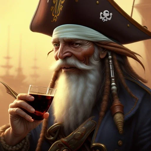 close up of an old pirate drinking rum, deep focus, d & d, fantasy, intricate, elegant, highly detailed, digital painting, artstation, concept art, matte, sharp focus, illustration, hearthstone, art by artgerm and greg rutkowski and alphonse mucha centered.