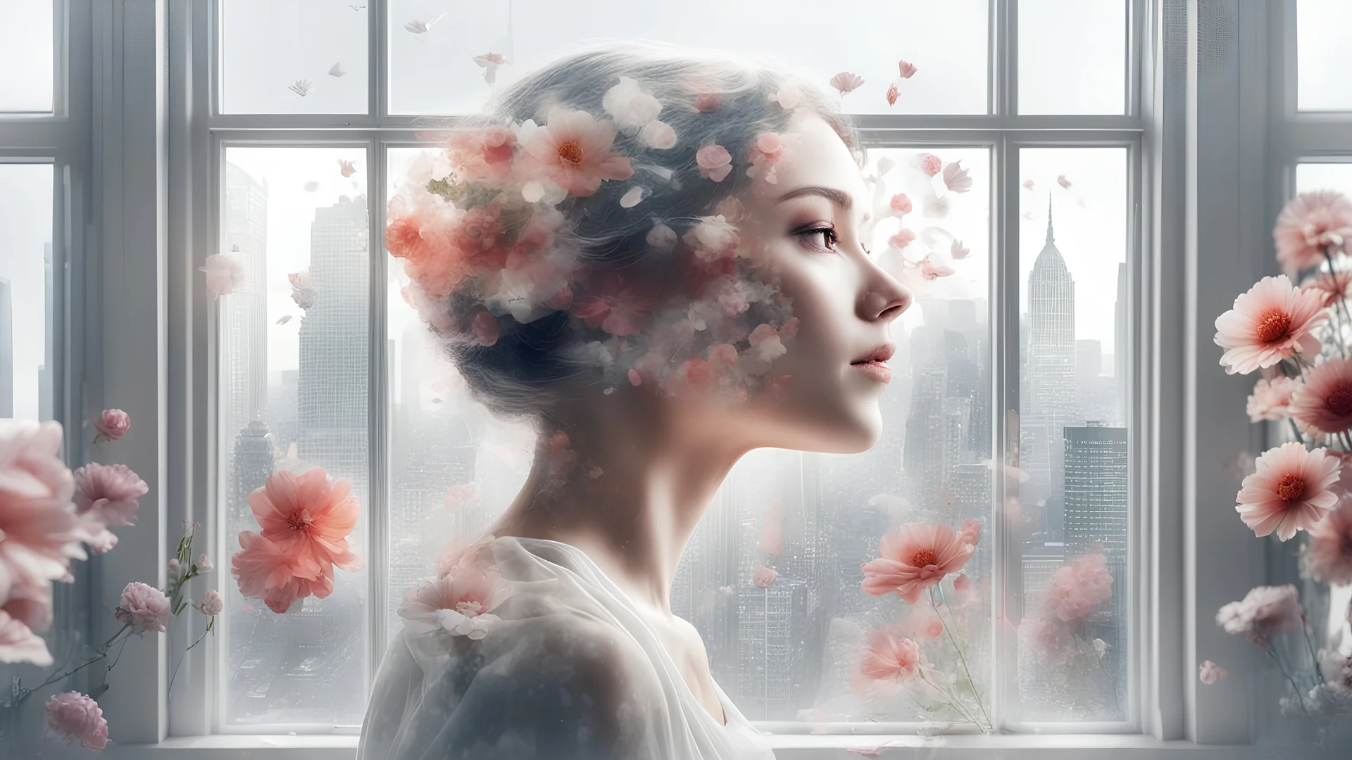 white background, Double exposure, woman, city, window, room, flowers, detailed, fine rendering, high detail, high resolution, 8K, Double exposure