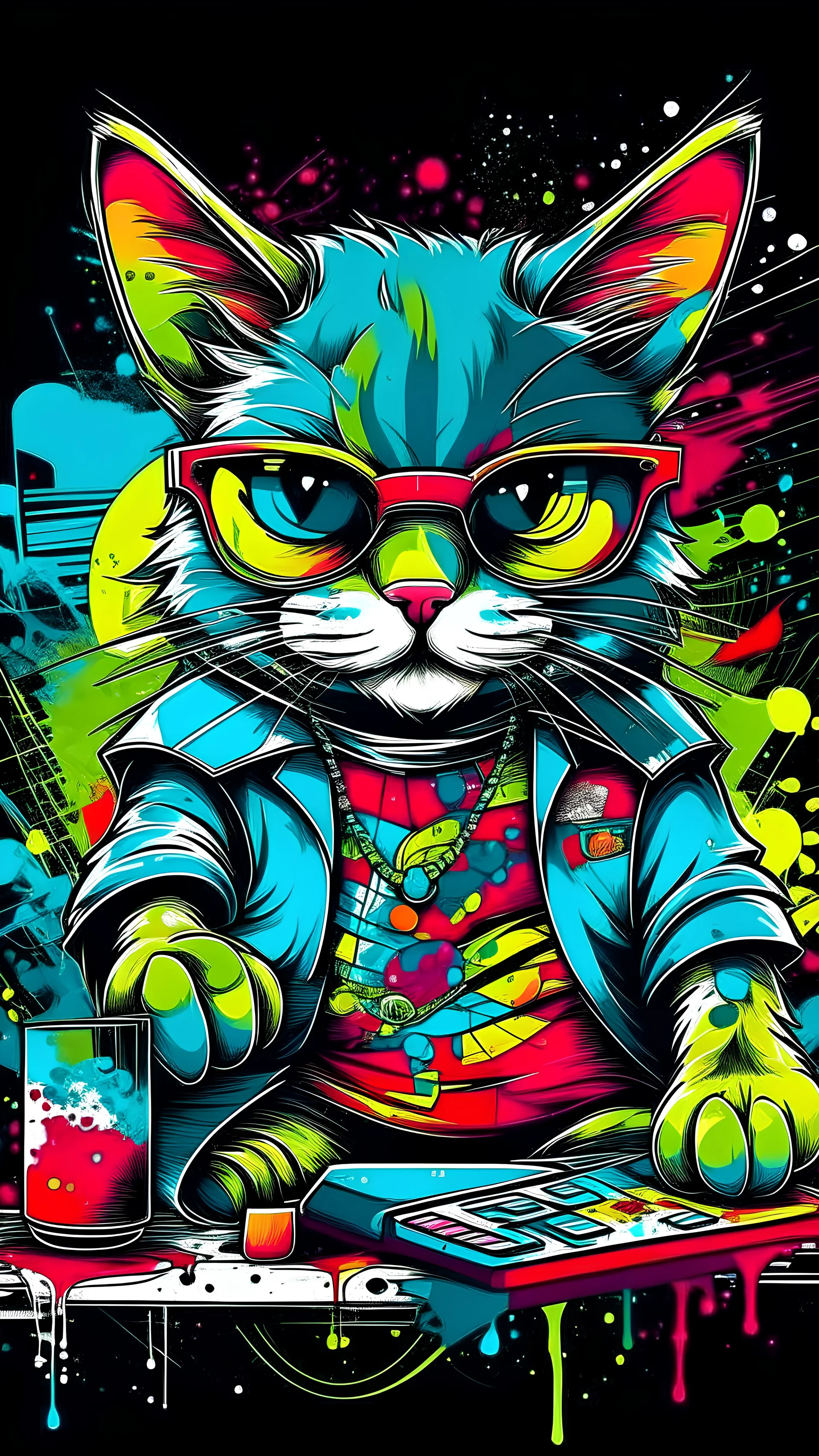 vector t-shirt art ready to print colourful graffiti illustration of an cat,playing cards, wearing sunglass, full body,action shot, vibrant color, hip hop, high detail