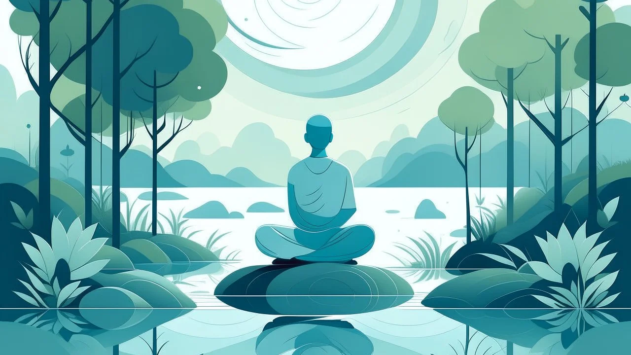 Generate a futurist illustration of a character meditating in nature. Use a serene color palette with celestial blue for the sky, tranquil green for the waters, and a grounding gray-blue. Add a subtle grain texture for depth. Emphasize simplicity and tranquility, capturing the transformative essence of meditation.