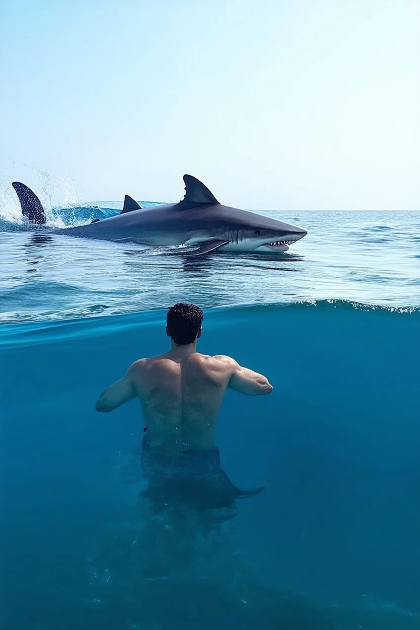 A (((a man in the ocean on a sinking boat))) is in awe of a (((great white shark))), whose form is so distinctively pointed out by the man, with its sleek contours and powerful silhouette drawing attention in the serene (((ocean waters)))