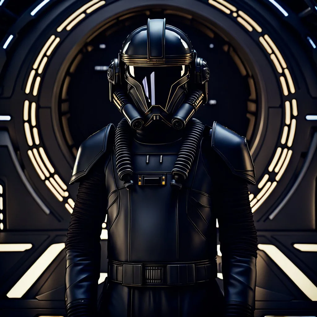 star wars bald male corellian pilot wearing gunmetal grey and black First Order armored special forces TIE pilot flightsuit and helmet with gold trim inside the jedi temple, centered head and shoulders portrait, hyperdetailed, dynamic lighting, hyperdetailed background, 8k resolution, volumetric lighting, fully symmetric details