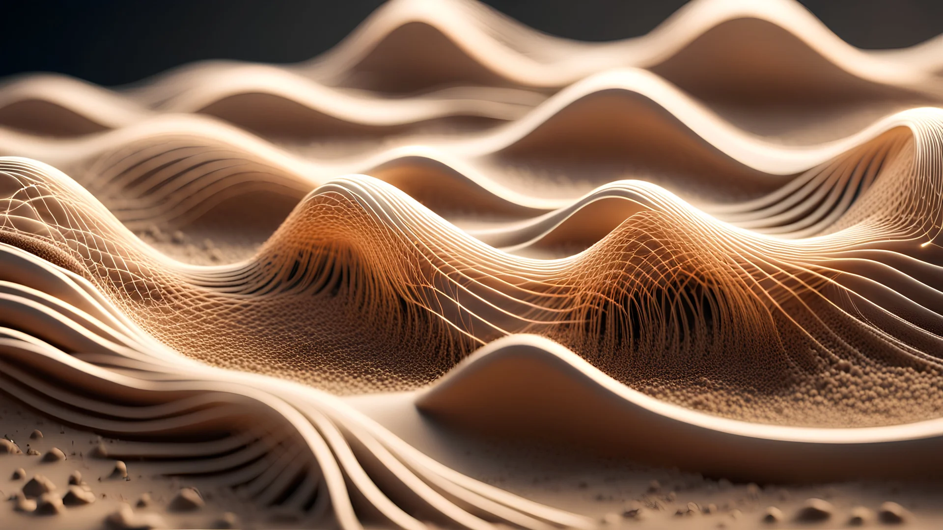 Musical Wave , Sand Particles Wave, Sand network lines , Realistic 3D Render, Macro, mesh, wave network, geometric, Nikon Macro Shot, Kinetic, Fractal, Light Led Points, Generative, Neural, Computer Network, Connections, Sand Strings,