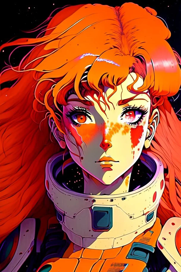 90s anime sci fi orange hair space Captain girl blood on face sacred