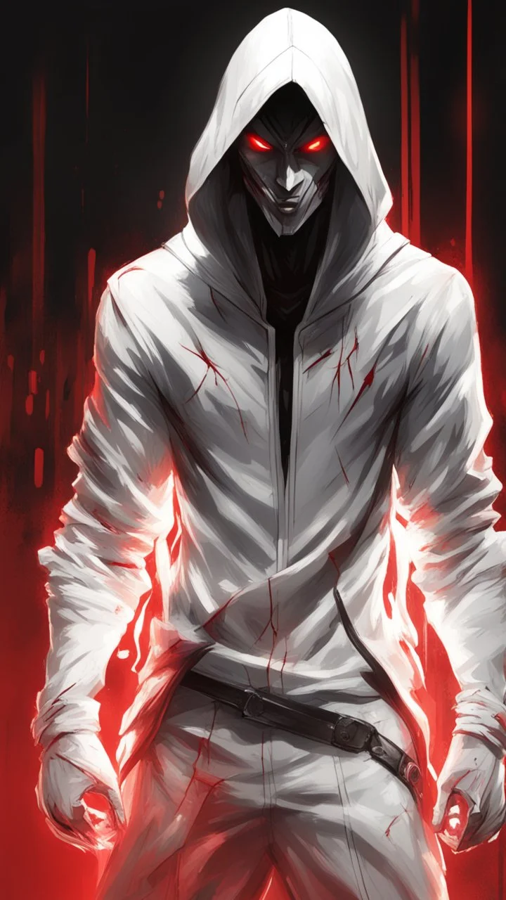 Concept art of a computer game character, blackandwhite, in two projections, An assassin man in a white hooded suit, evil look, evil smile, glowing red background, black lines, blond hair, black eyes